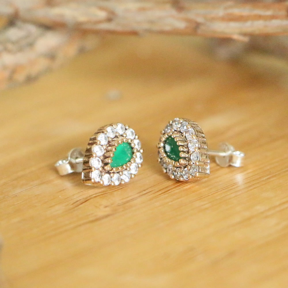 Sterling Silver Green jade & White CZ Stoness - Picture 6 of 8